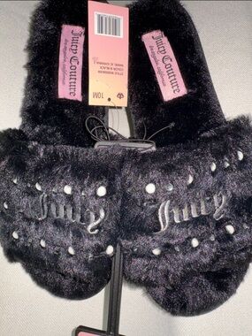 💖🆕💖Juicy Couture Black Fuzzy Embellished Slide Slippers Size 10